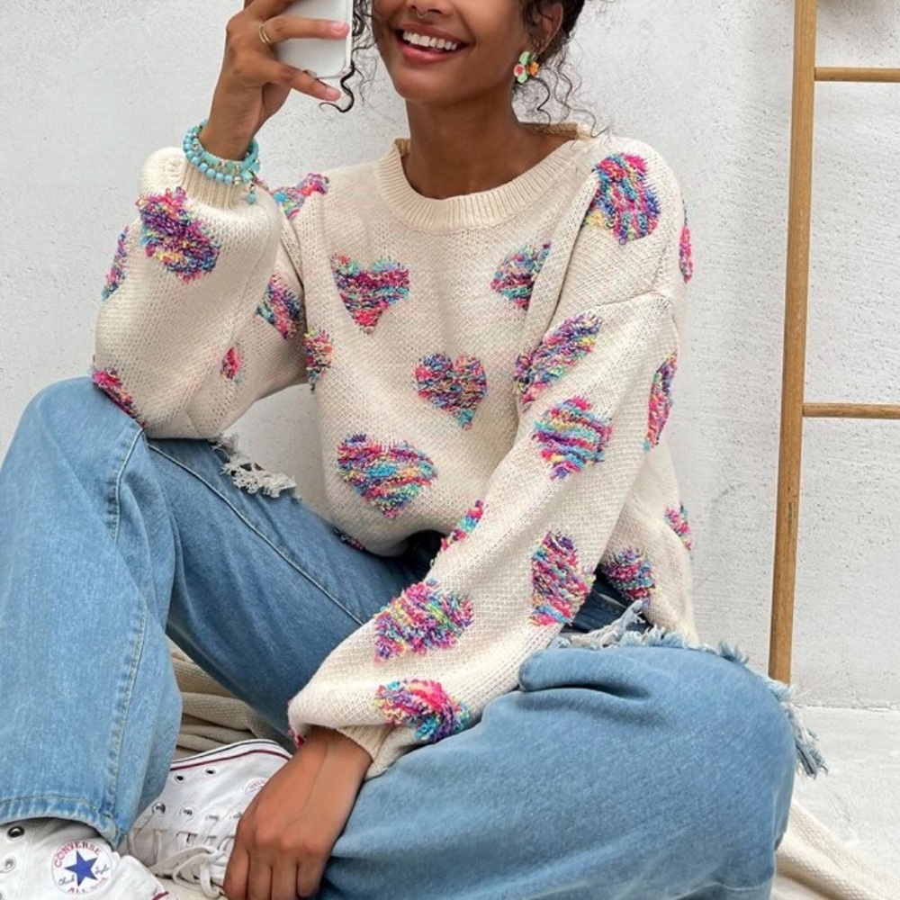 Sweater heart rainbow knit womens fuzzy cute - Picture 6 of 13